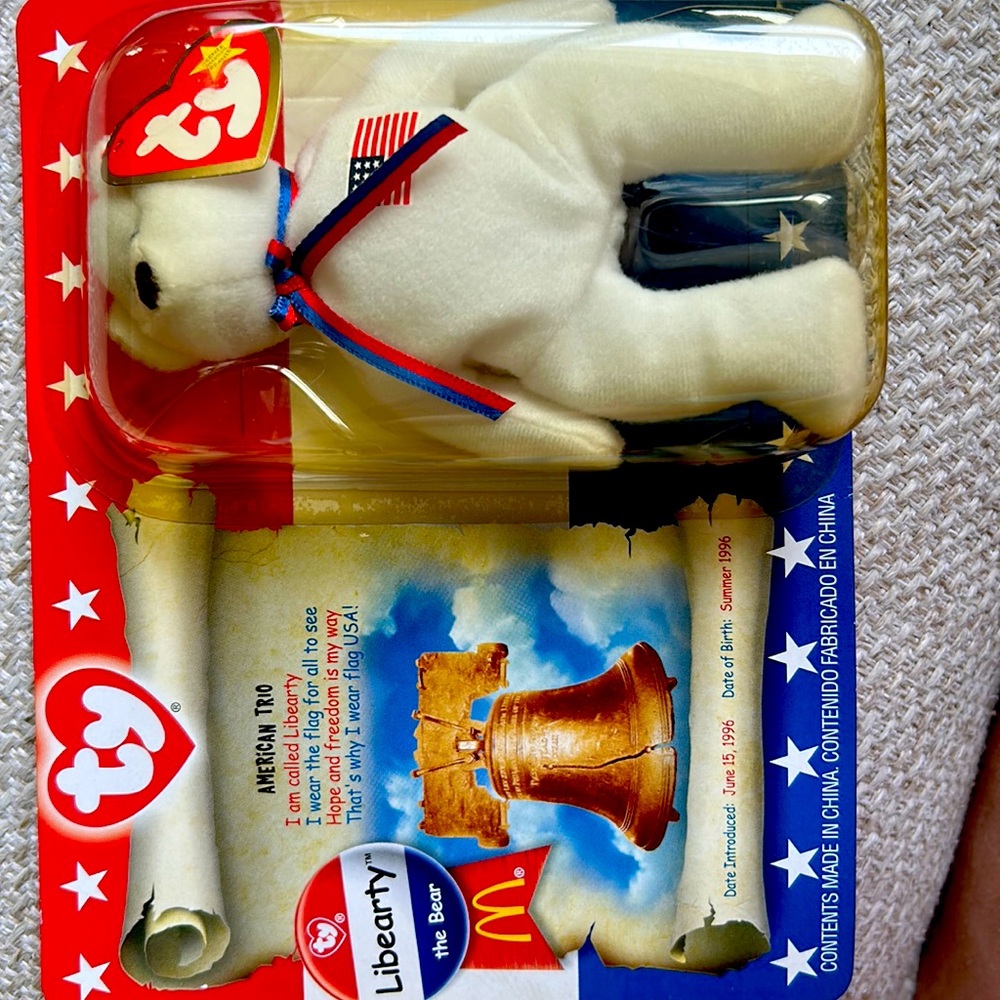 Ty McDonald’s Beanie Baby “Libearty the Bear” 1996 Rate Tag Errors, New